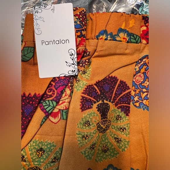 XXL PANTALÓN tulip hem yellow & green abstract floral elastic waist crop pants - Picture 3 of 8